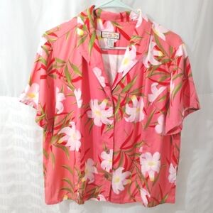 Jamaica Bay Hawaiian Shirt Top Coral Pink Peach Floral Button Down XL